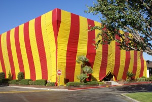 Striped red and yellow wrapped commercial building