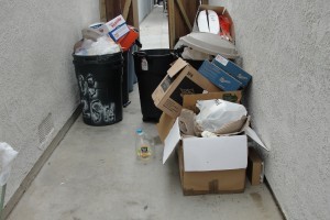 Garbage cans and cardboard boxes in alley