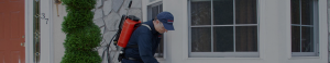 Pest control technician spraying house exterior