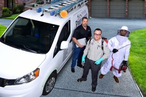 Pest control technicians beside service van