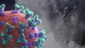 Coronavirus close-up with hazmat workers disinfecting