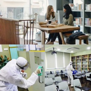 Women talking; workers sanitizing library and classroom