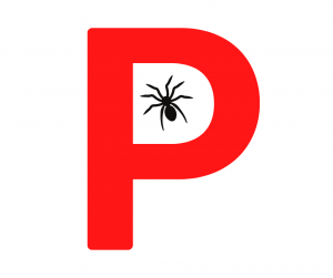 Large red P emblem with spider silhouette