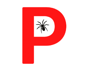 Red letter P with a spider inside