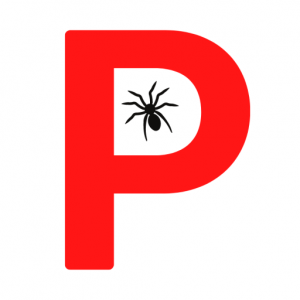 Red P logo featuring small black spider