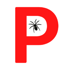 Red P with black spider inside