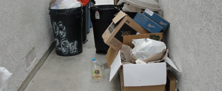Narrow alley with overflowing trash bins and boxes