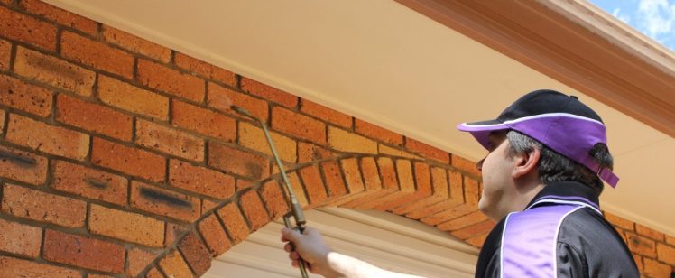 Worker spraying exterior brick near eaves