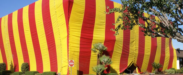 Striped red and yellow wrapped commercial building