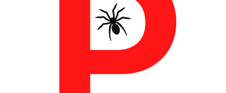 Large red P emblem with spider silhouette