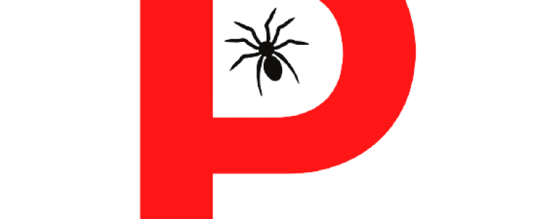 Red letter P with a spider inside
