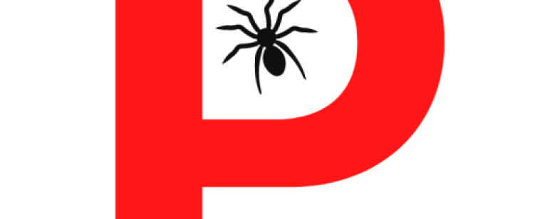 Red P logo featuring small black spider