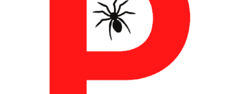 Red P with black spider inside