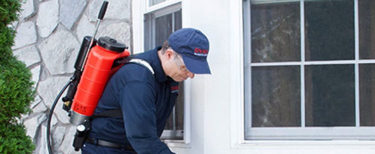 Technician with red sprayer treating house exterior