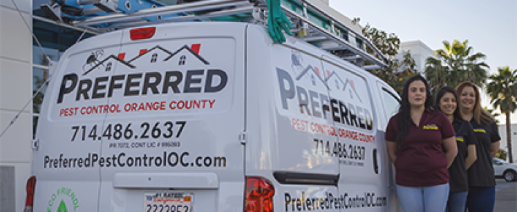 Team of three pest technicians standing beside service van